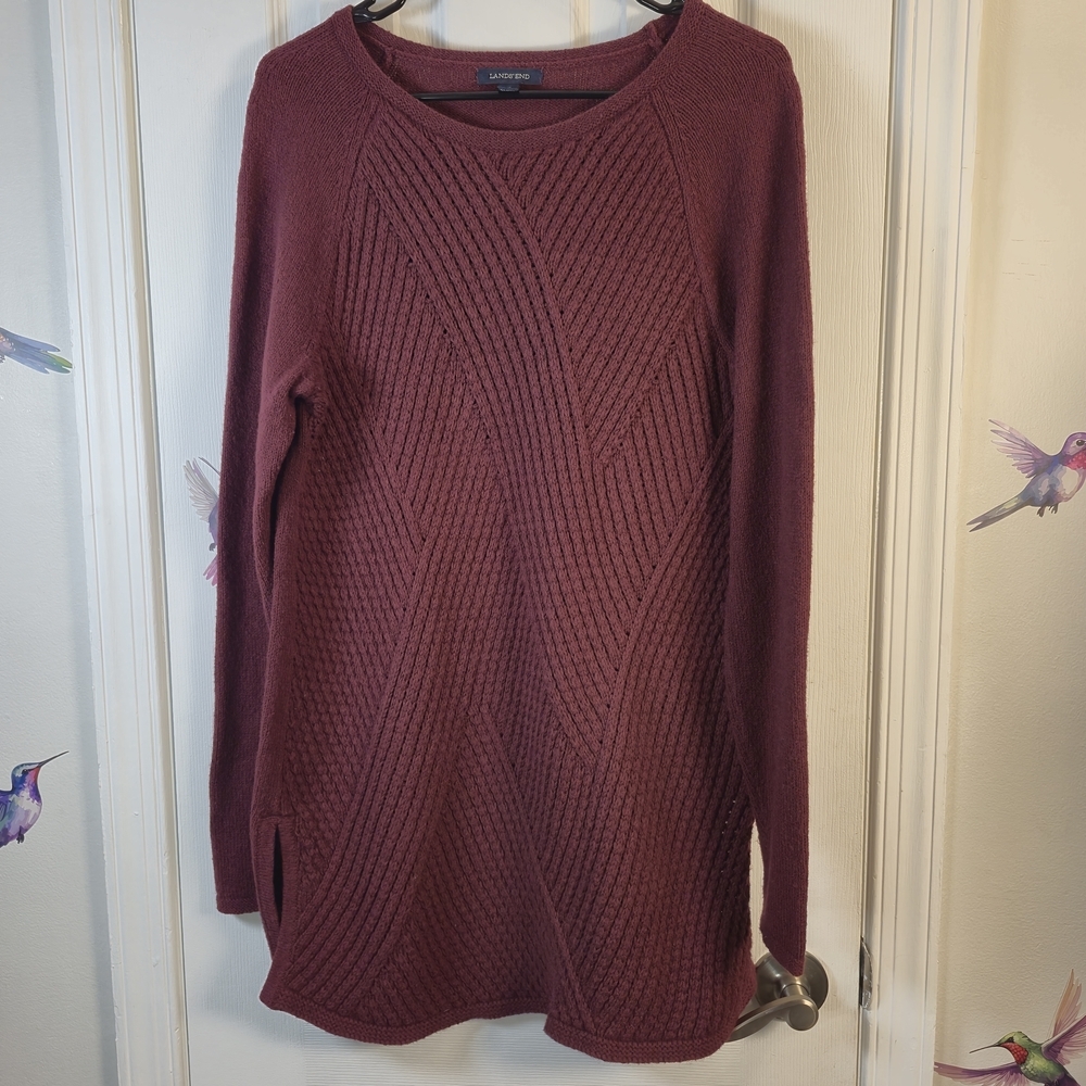 Lands' End Burgundy Chevron Tunic Sweater XL Wool Blend Dark Academia